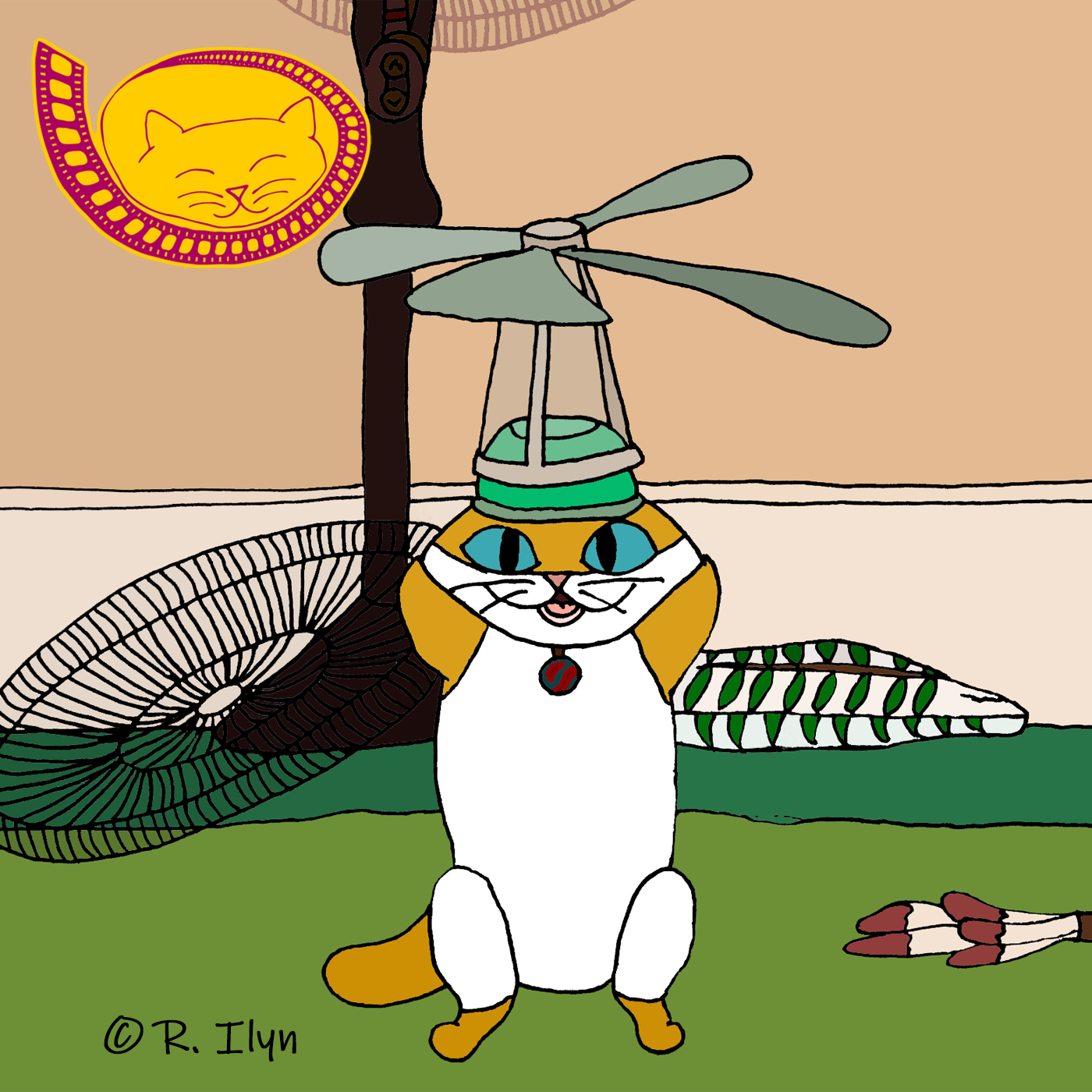 Illustration of cat Cape wearing a propeller hat in the movie Cats.