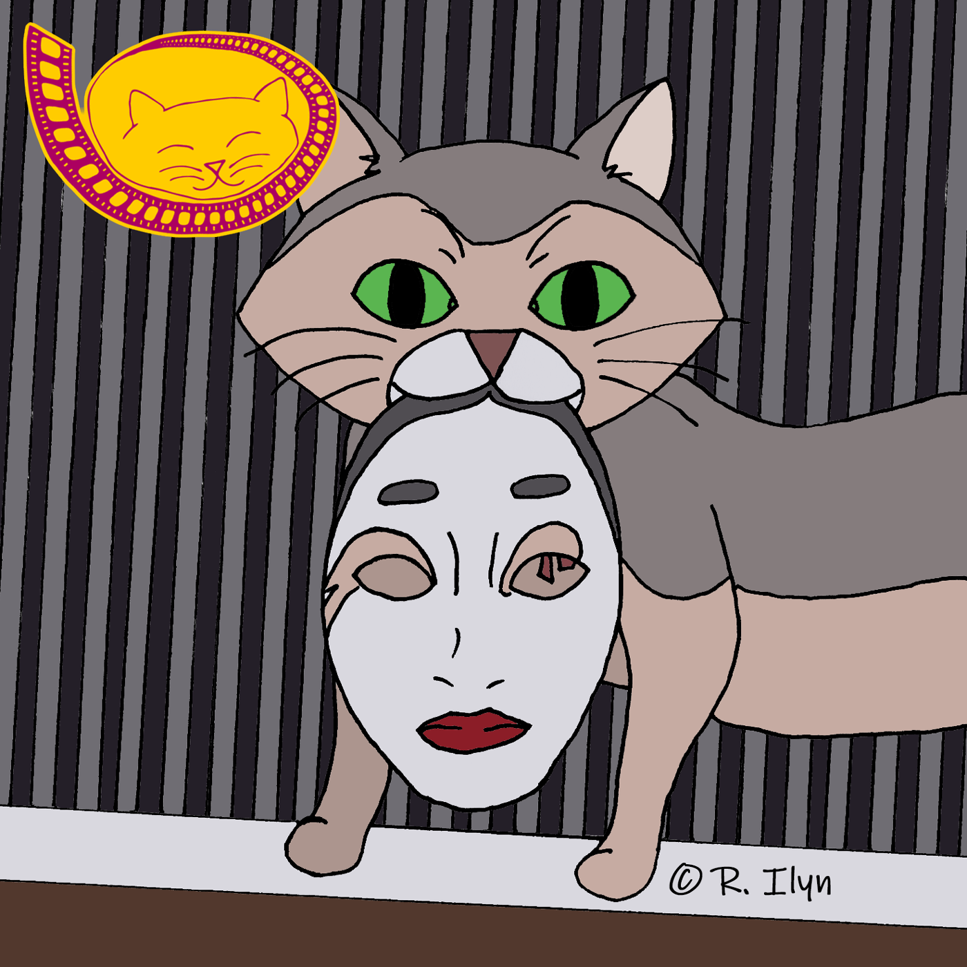 Illustration of a cat holding a mask in the movie A Whisker Away