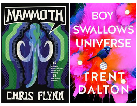 Covers of Mammoth by Chris Flynn and Boy Swallows Universe by Trent Dalton