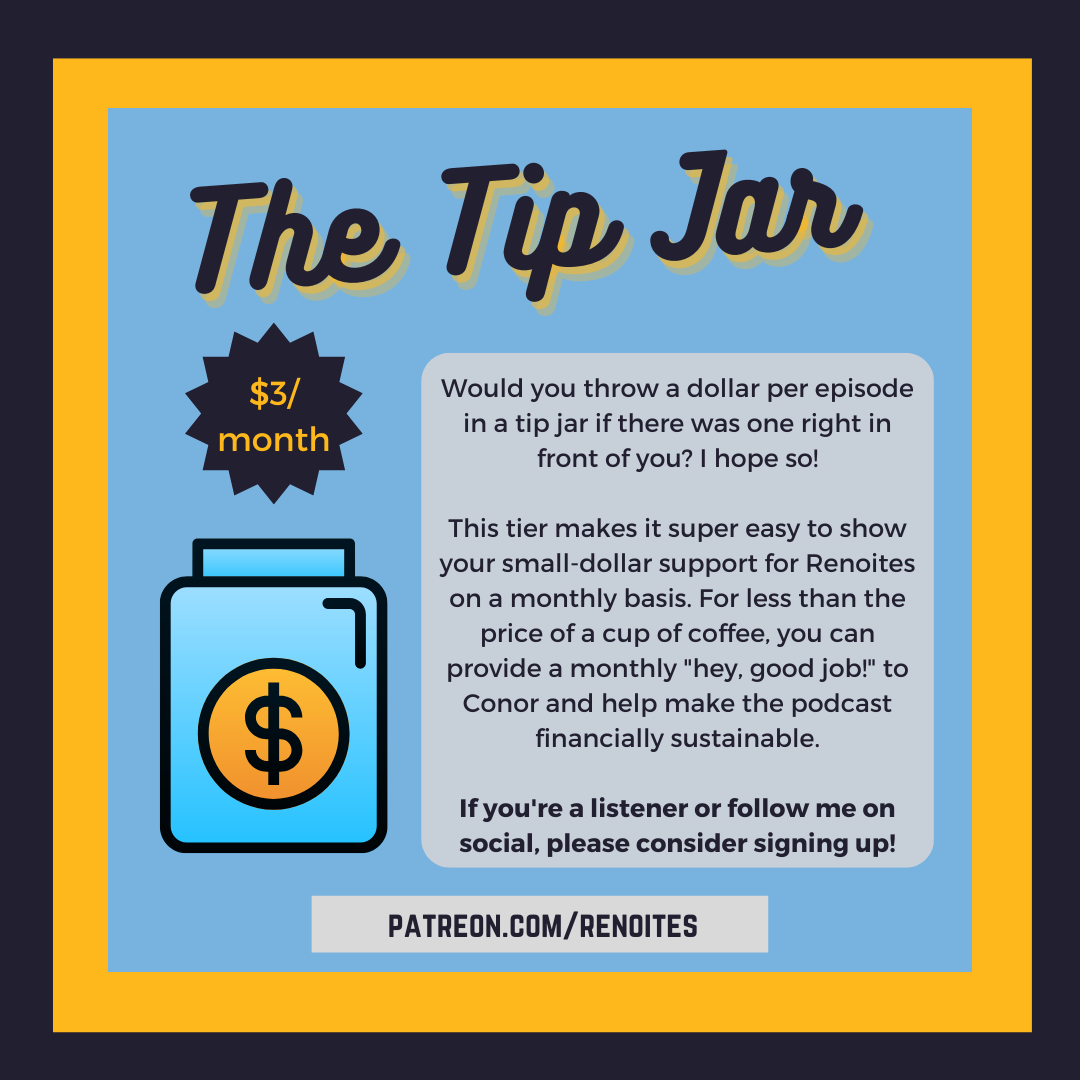An image of a tip jar asking listeners to support financially on Patreon with a 3 dollar monthly donation