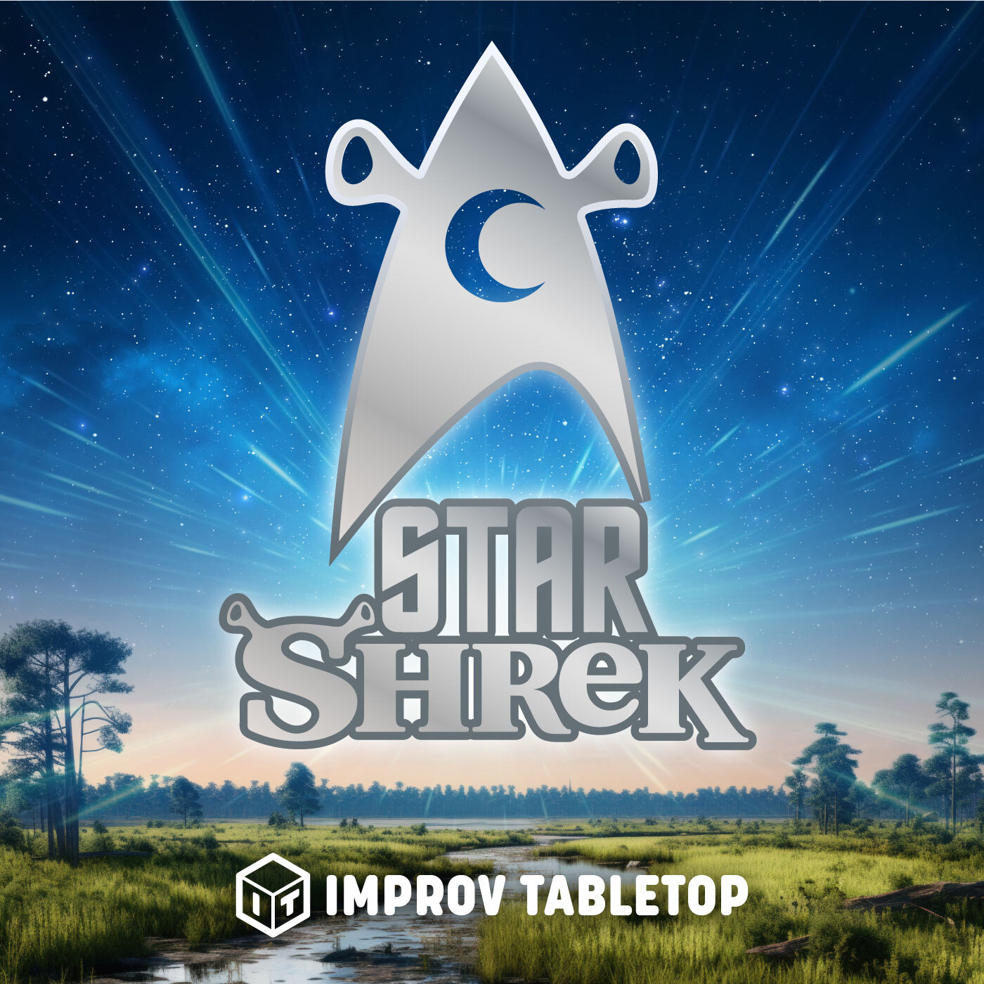 Title "Star Shrek" beneath a modified version of the Star Trek emblem with Shrek ears and an outhouse crescent moon. In the background, a beautiful galaxy rises over a swamp/