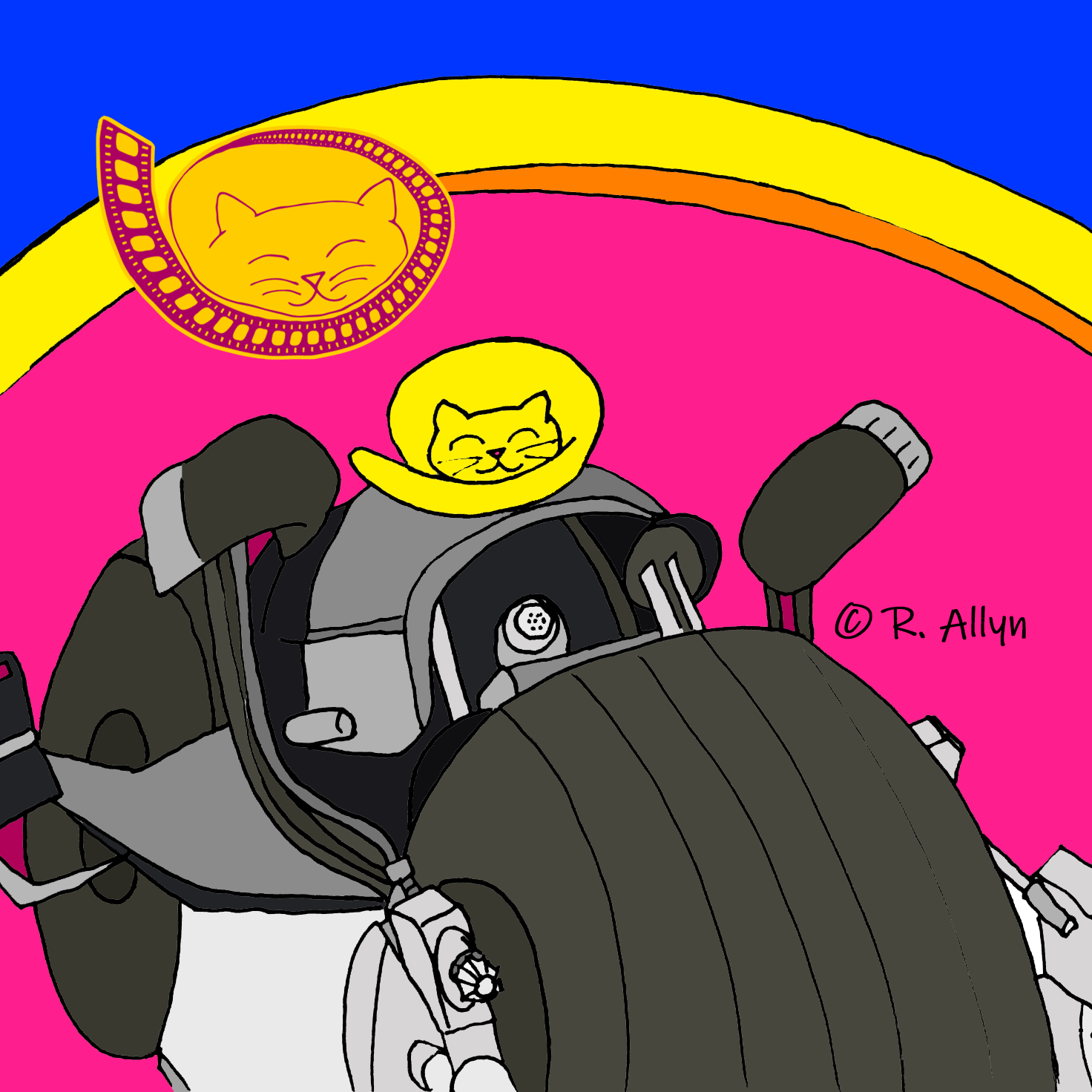 Illustration of a cat on the Dark Knight motorcycle