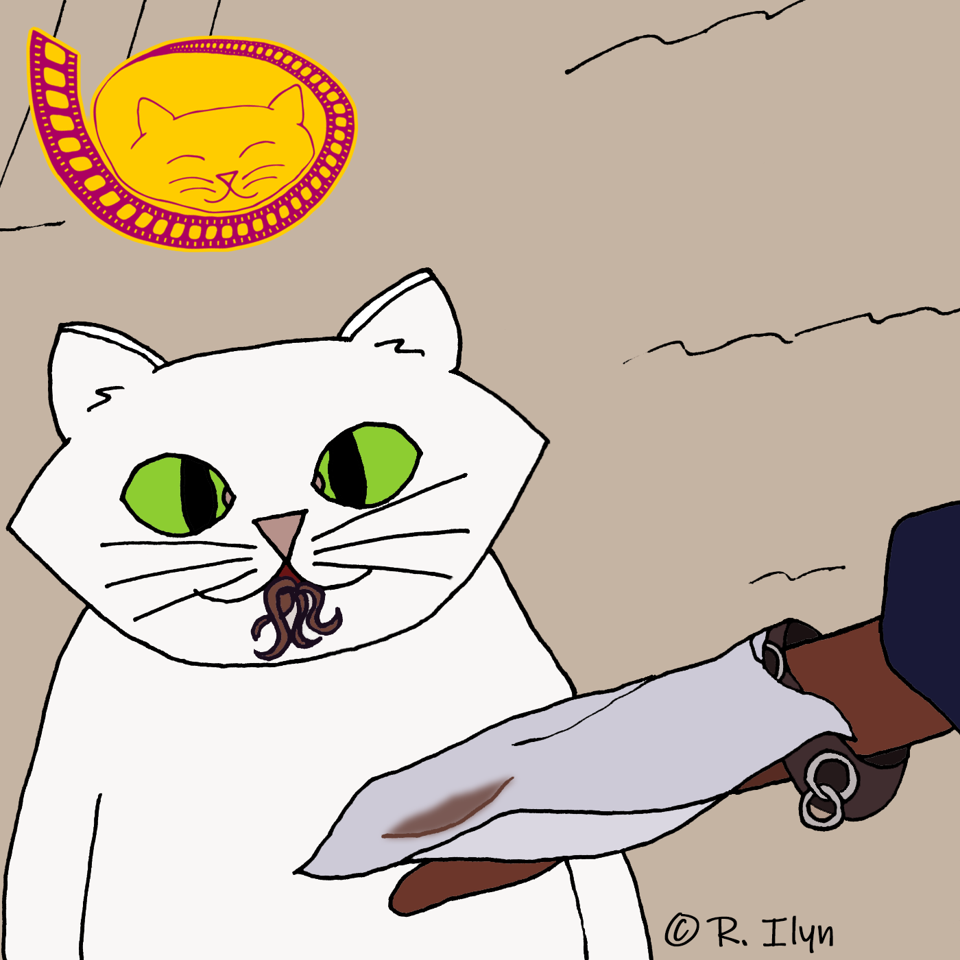 Illustration of white cat eating tentacles from Breakin' 2: Electric Boogaloo
