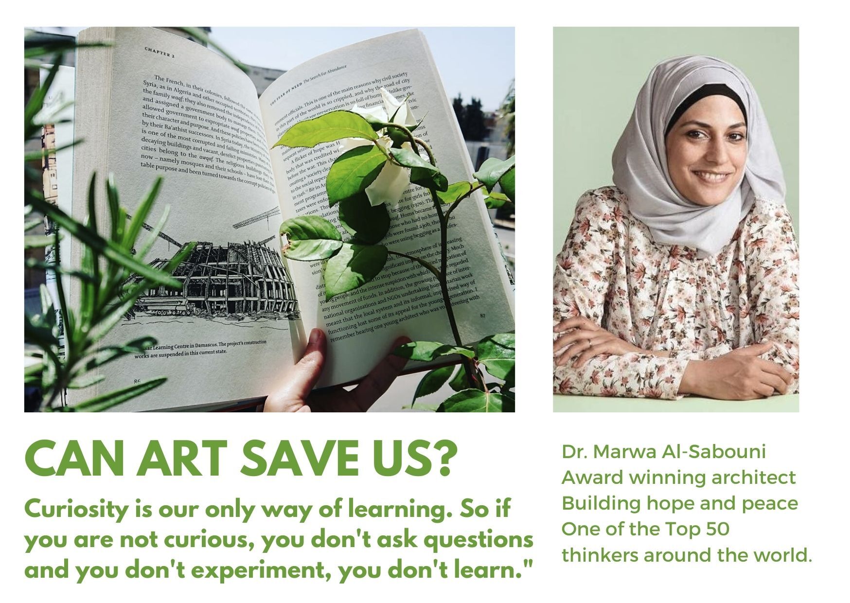 Portrait of Marwa Al Sabouni next to an architecture book, open with natural green leaves on the page.