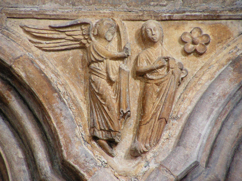Wood carving from Worcester Cathedral depicting the Annunciation