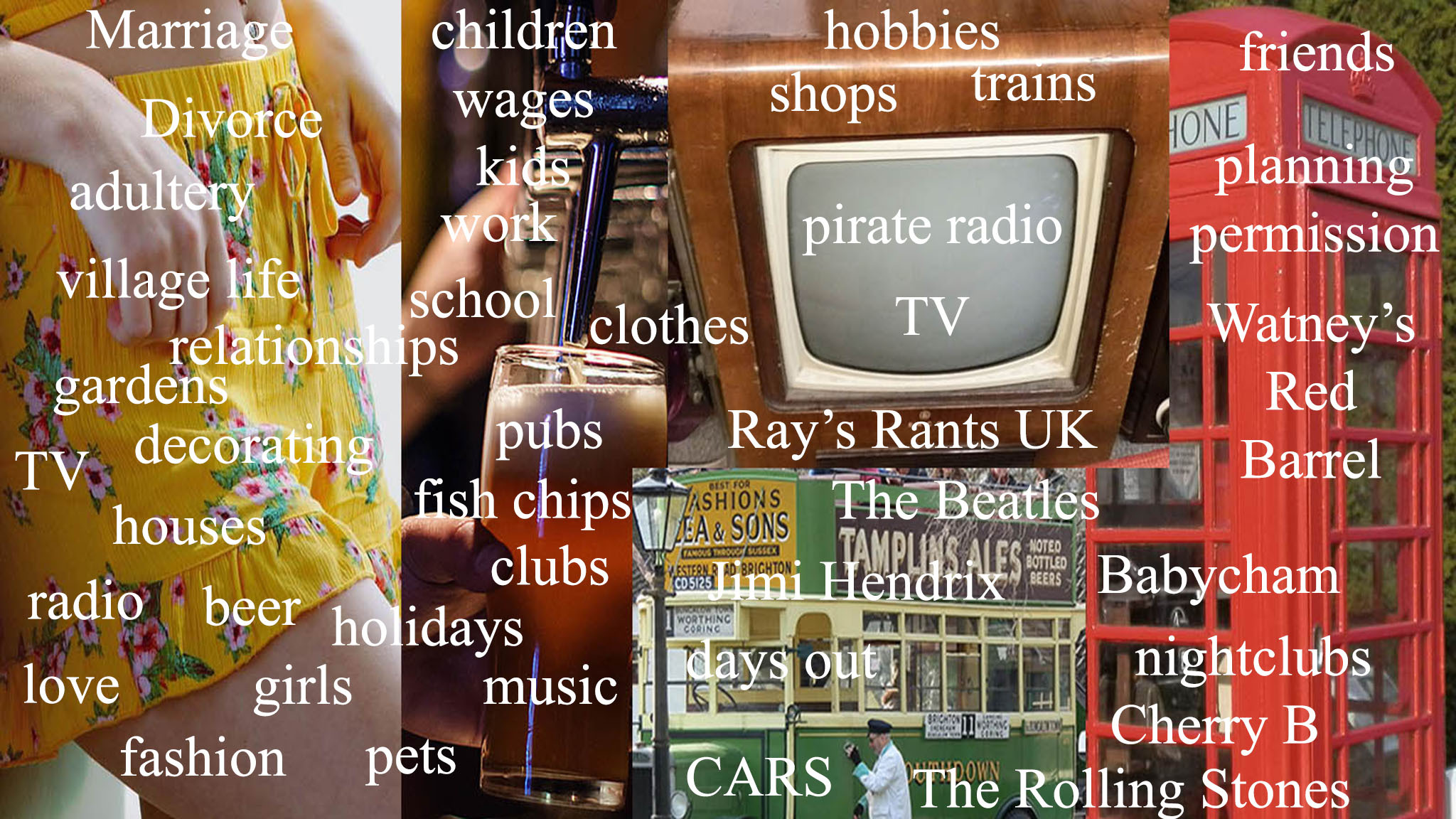 The 50s 1960s 70s in the United Kingdom. Night life, music, television, pirate radio, London, Caroline, fashion, work and school. Recent history.
