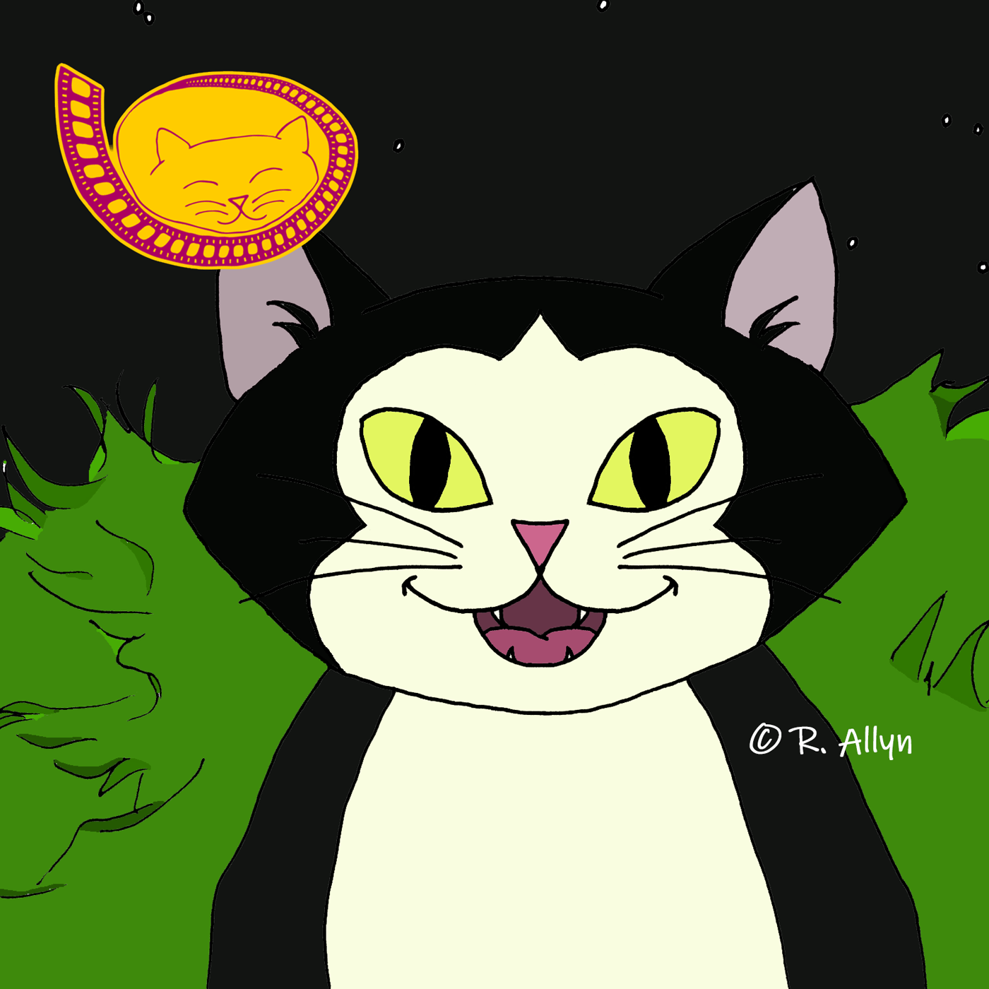 Illustration of Darwin the cat on the moon from the movie April and the Extraordinary World