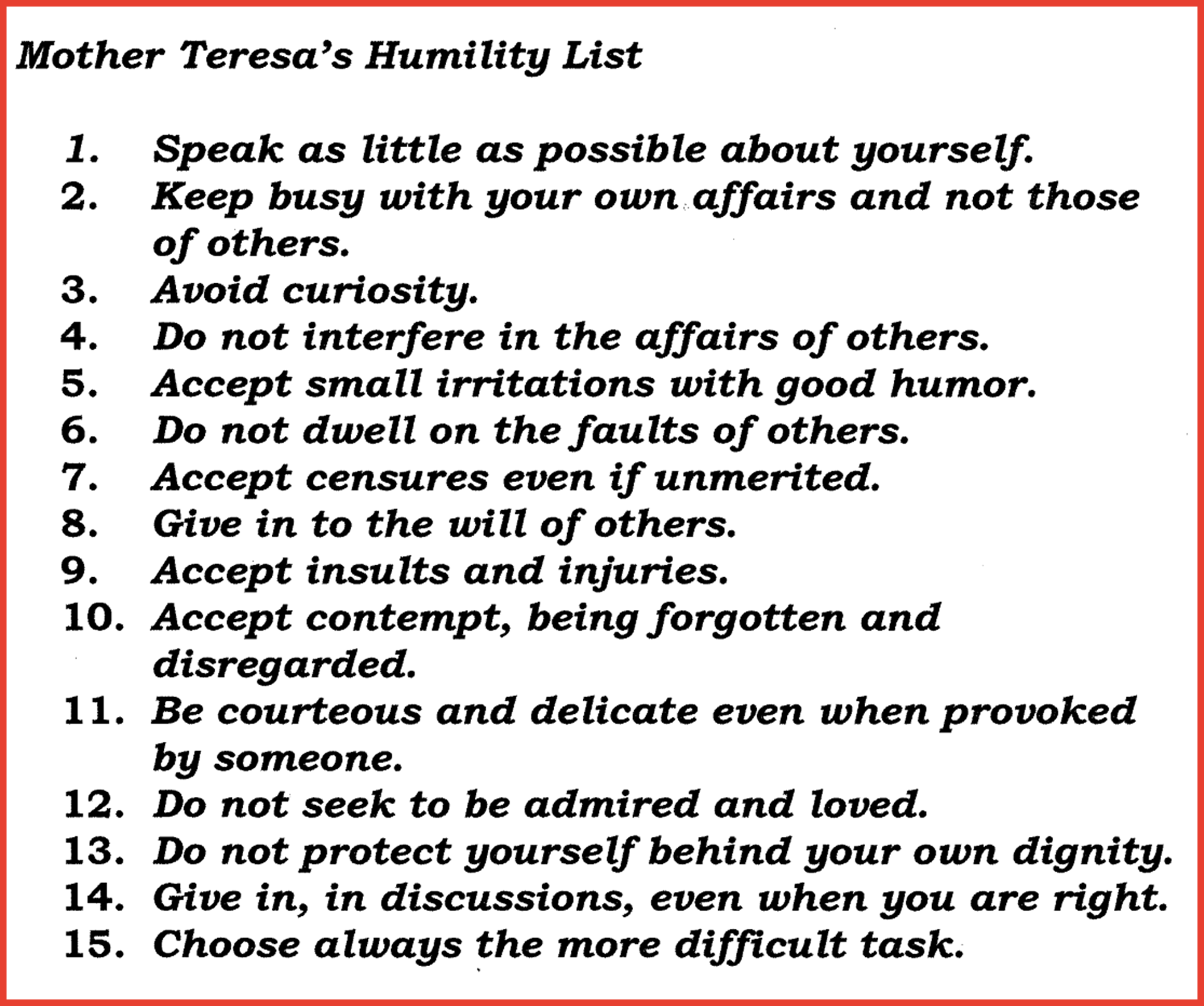 Mother Teresa's Humility List